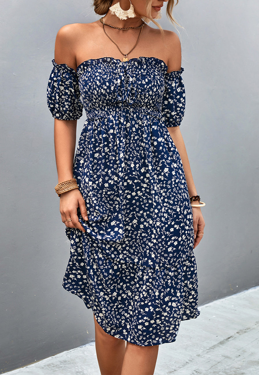Vestido floral con hombros descubiertos y mangas abullonadas