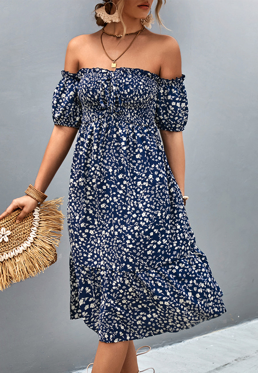 Vestido floral con hombros descubiertos y mangas abullonadas