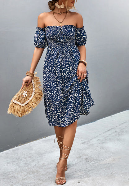 Off-Shoulder Puff Sleeve Floral Dress