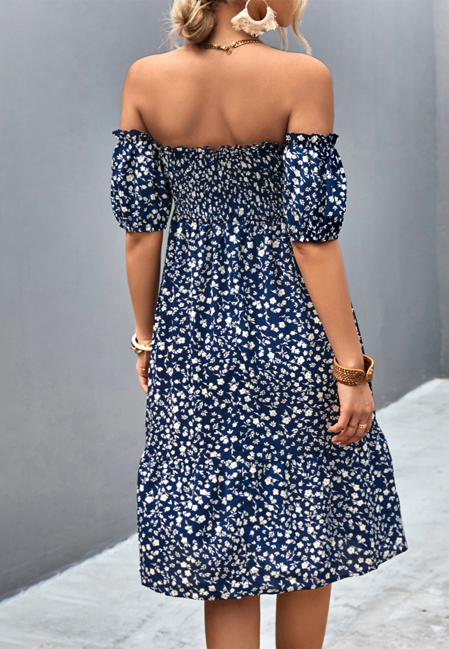Vestido floral con hombros descubiertos y mangas abullonadas