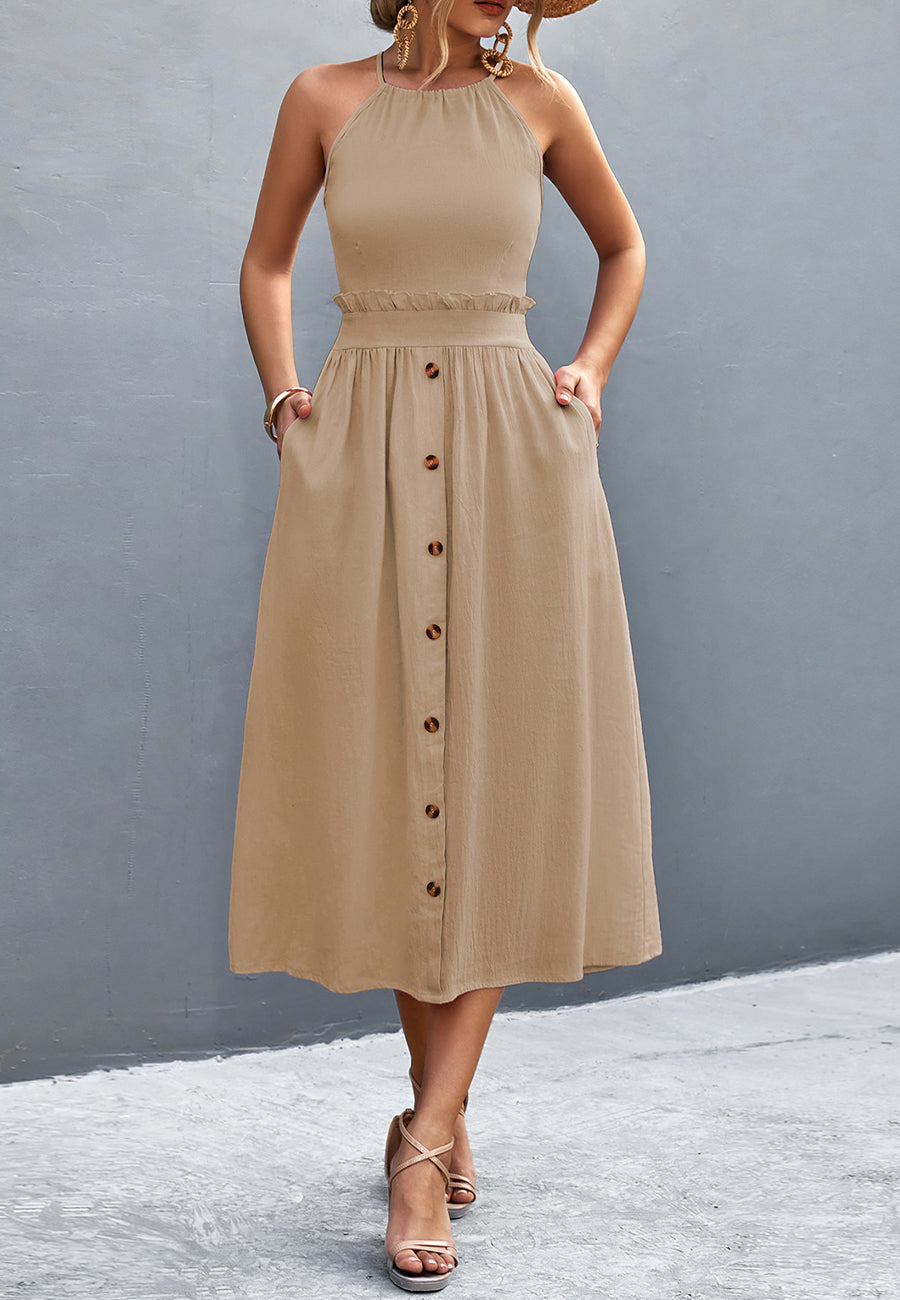 Criss-Cross Back Halter Dress - Small 4-6 / Beige Criss-Cross Back Halter Dress - Small 4-6 / Beige