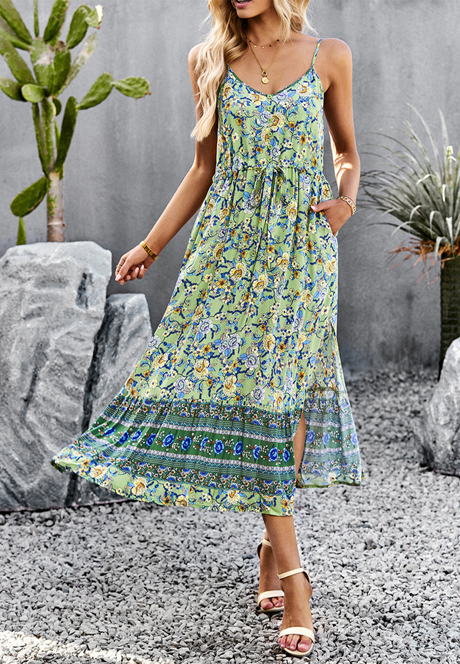 Vestido bohemio con flores y escote en V 