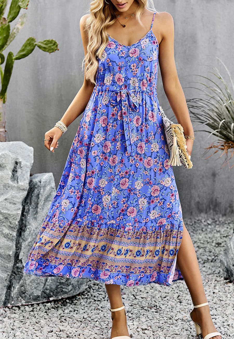 Vestido bohemio con flores y escote en V 