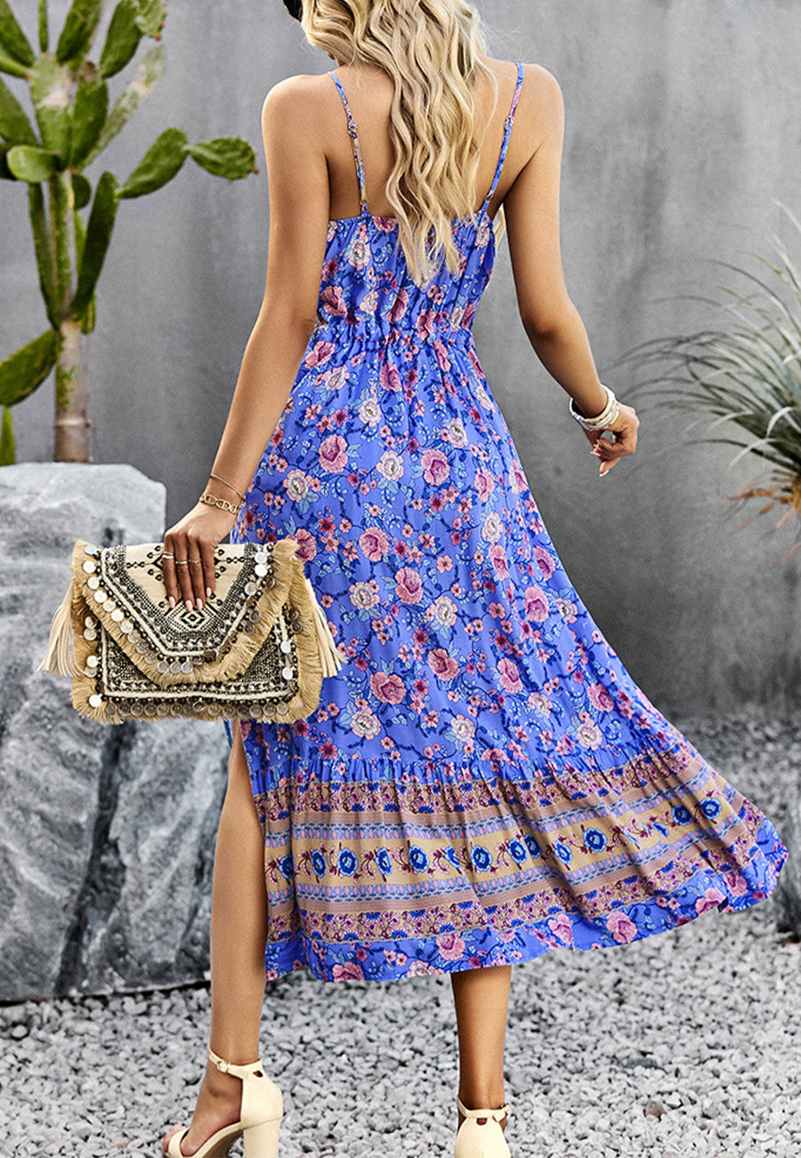 Vestido bohemio con flores y escote en V 