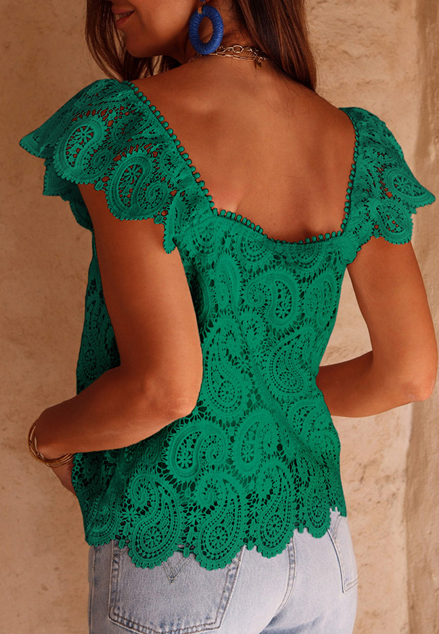 Blusa de encaje con estampado de cachemira y escote cuadrado