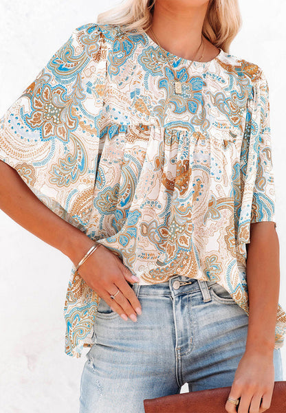Round Neck Paisley Print Blouse