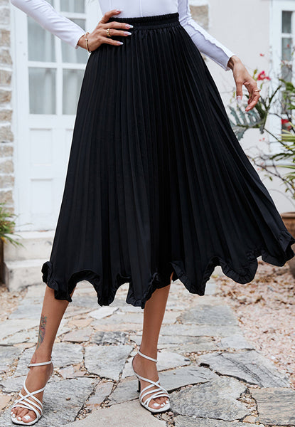 Pleated Asymmetrical Ruffle Hem Skirt for Women Below Knee Length