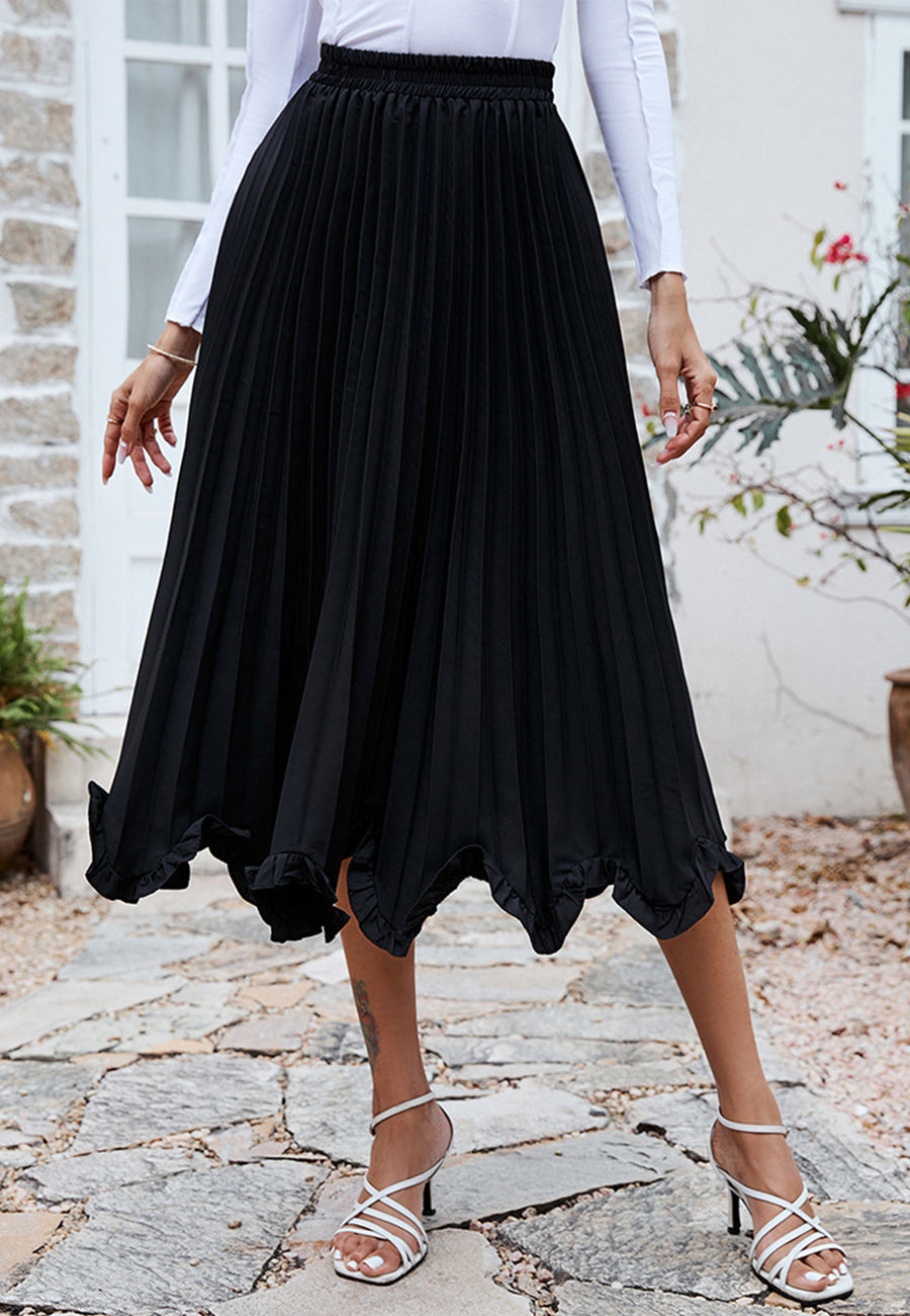 Pleated Asymmetrical Ruffle Hem Skirt for Women Below Knee Length