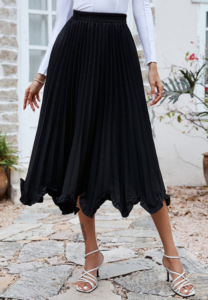 Pleated Asymmetrical Ruffle Hem Skirt