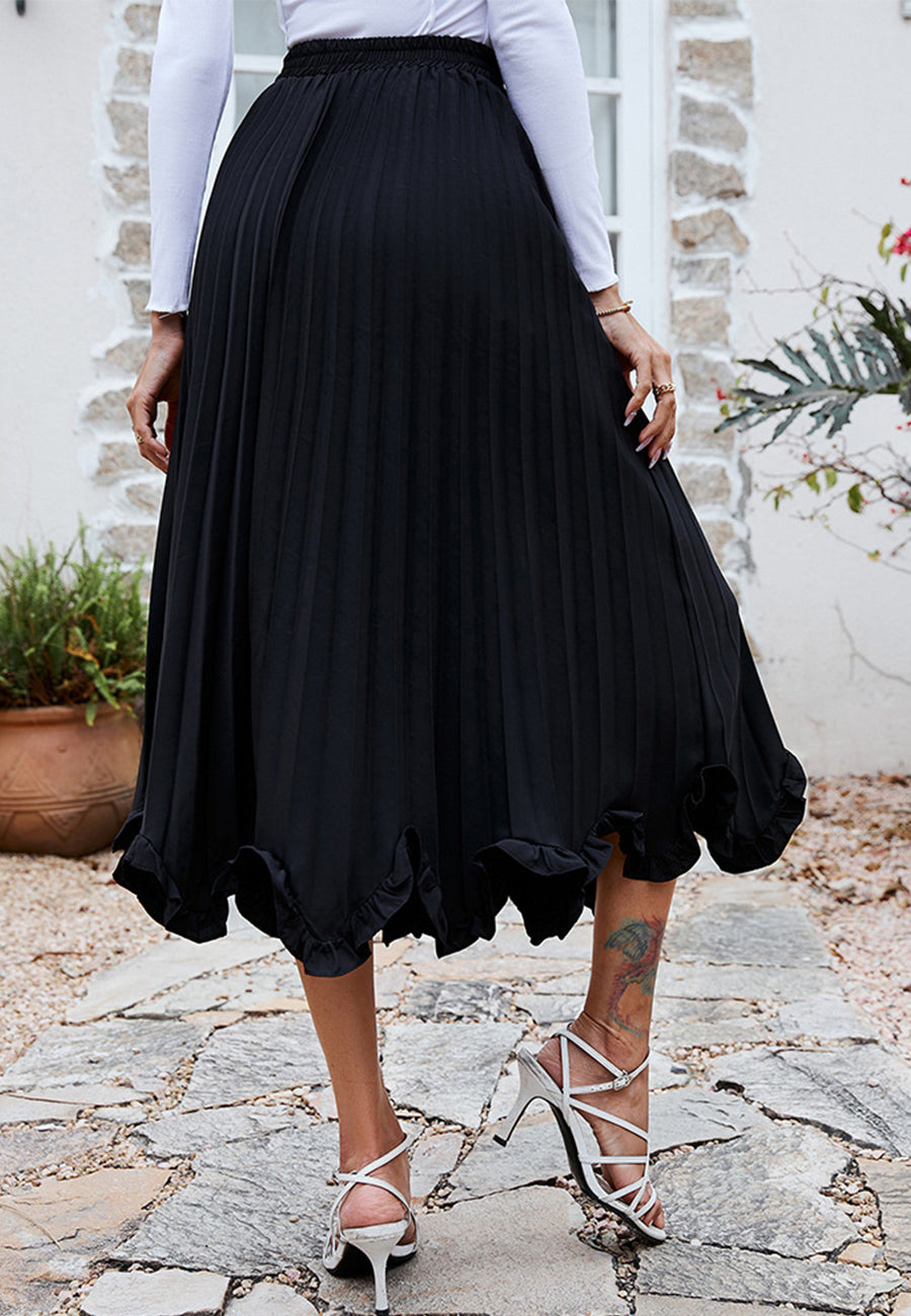 Pleated Asymmetrical Ruffle Hem Skirt