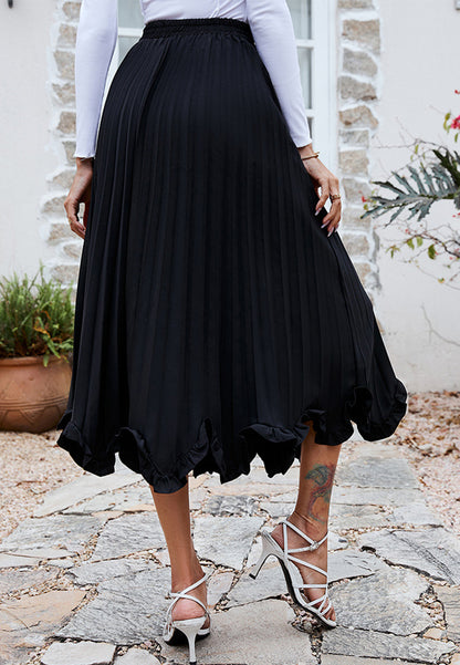 Pleated Asymmetrical Ruffle Hem Skirt