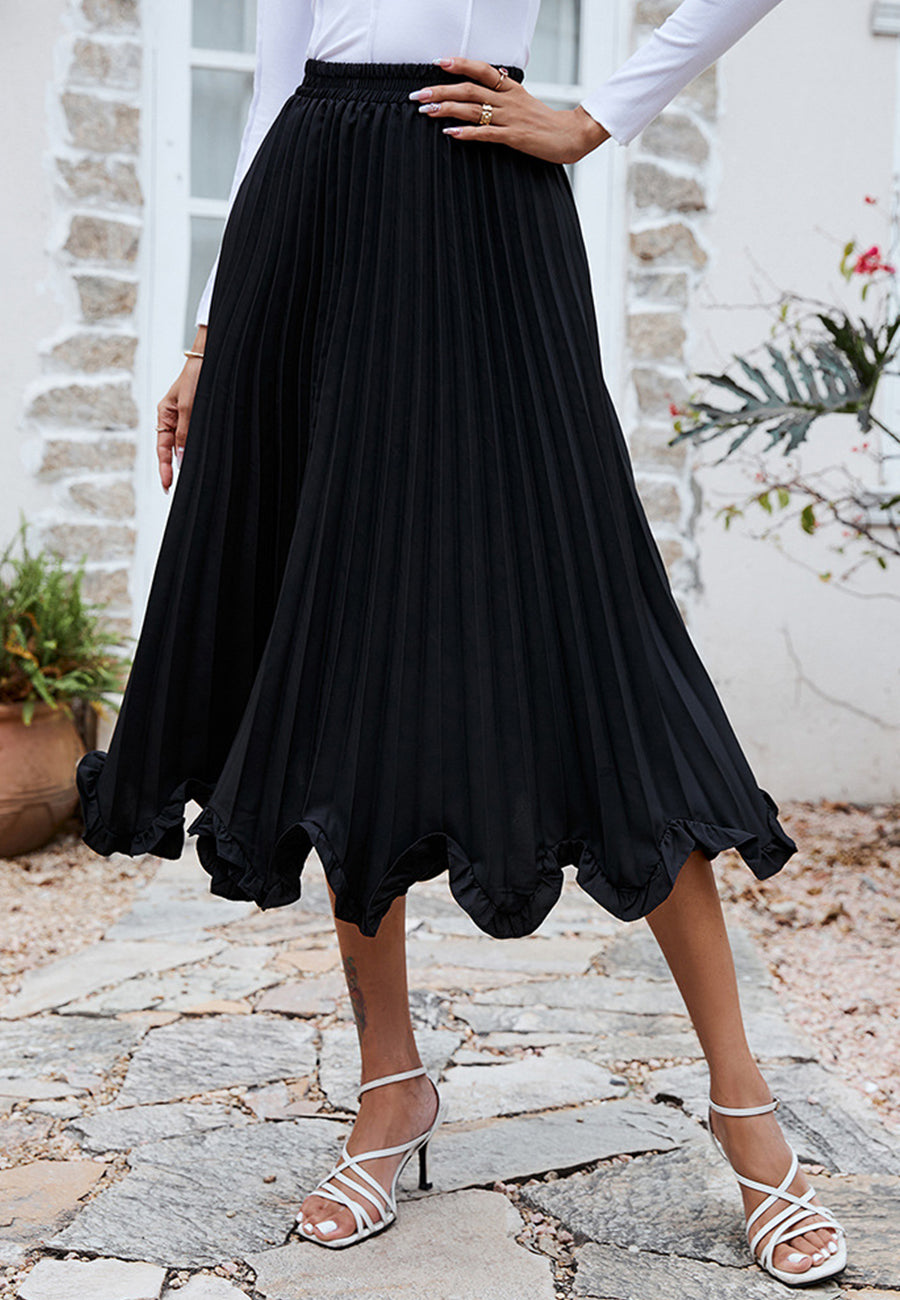 Pleated Asymmetrical Ruffle Hem Skirt