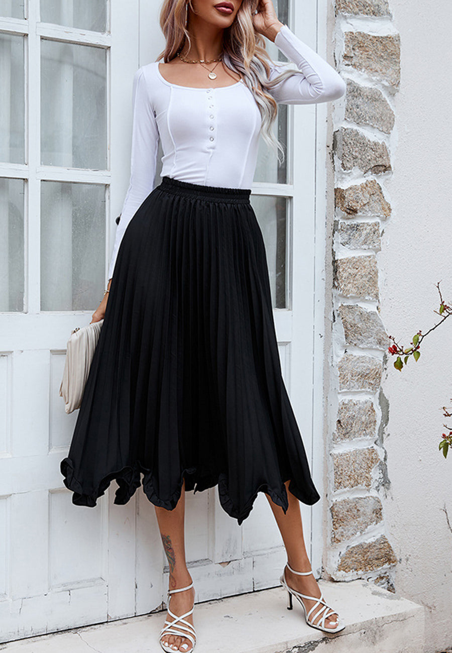 Pleated Asymmetrical Ruffle Hem Skirt