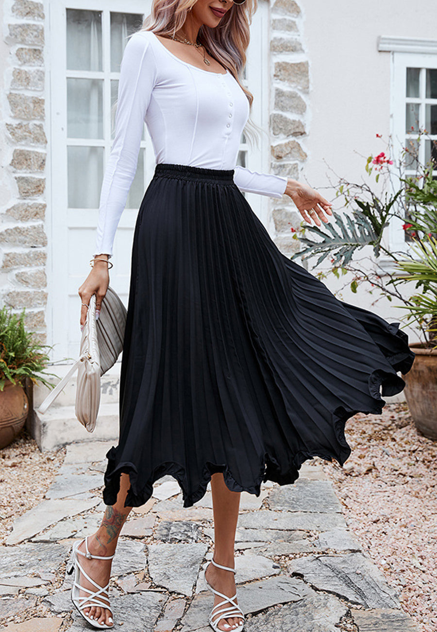 Pleated Asymmetrical Ruffle Hem Skirt