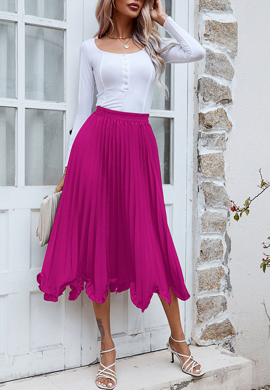 Pleated Asymmetrical Ruffle Hem Skirt for Women Below Knee