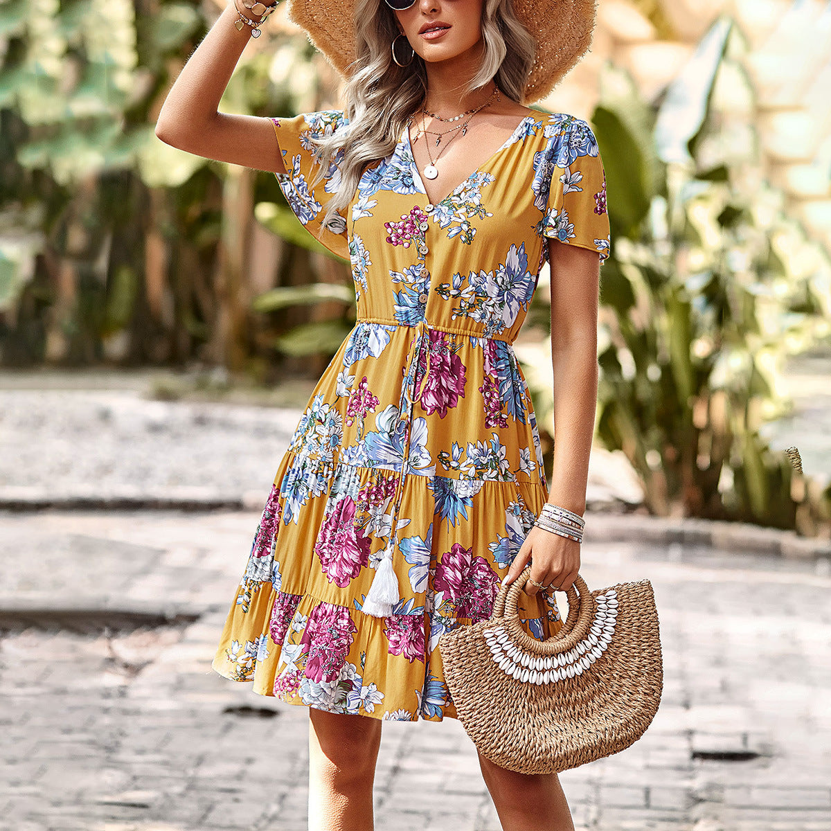 Tassel Tie Waist Floral Dress