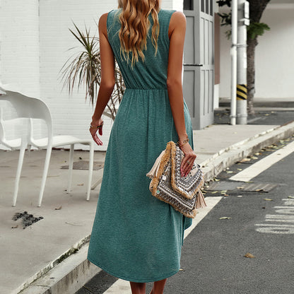 Vestido de escote cruzado de corte alto y bajo