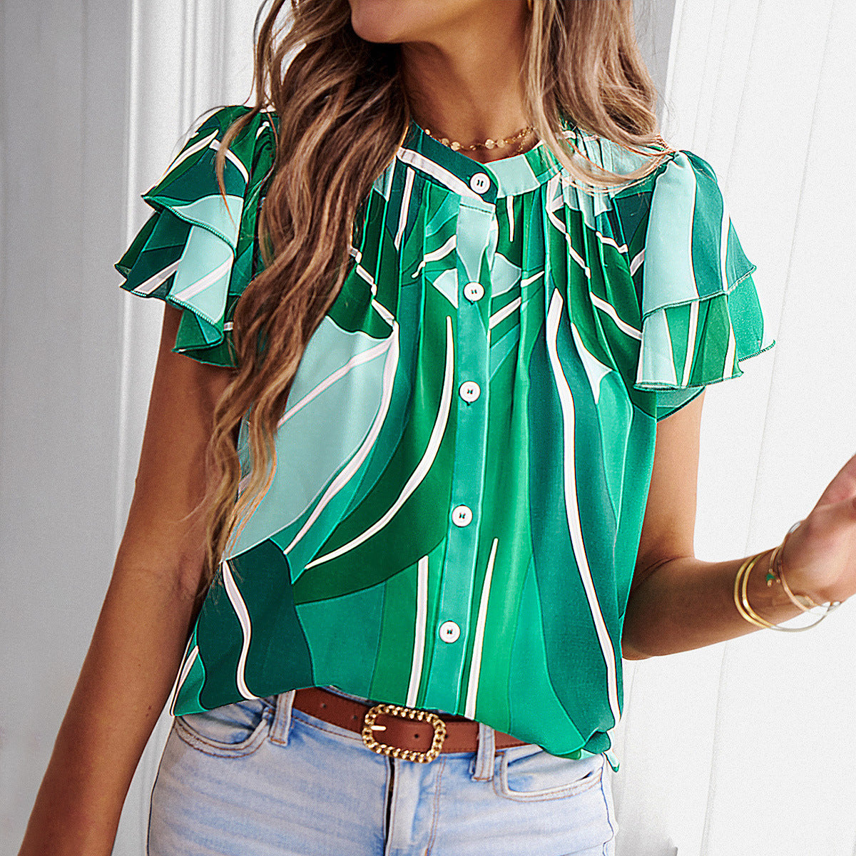 Anna-Kaci Women's Short Sleeve Button Down Blouse with Ruffle Layered Sleeves and Abstract Print