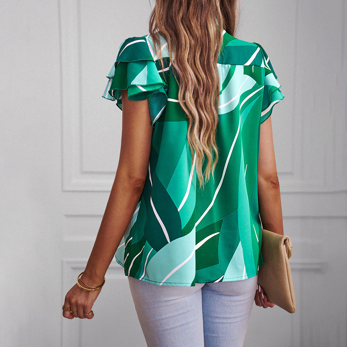 Anna-Kaci Women's Short Sleeve Button Down Blouse with Ruffle Layered Sleeves and Abstract Print