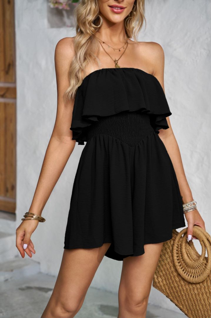 Strapless Shirred Waist Ruffle Romper