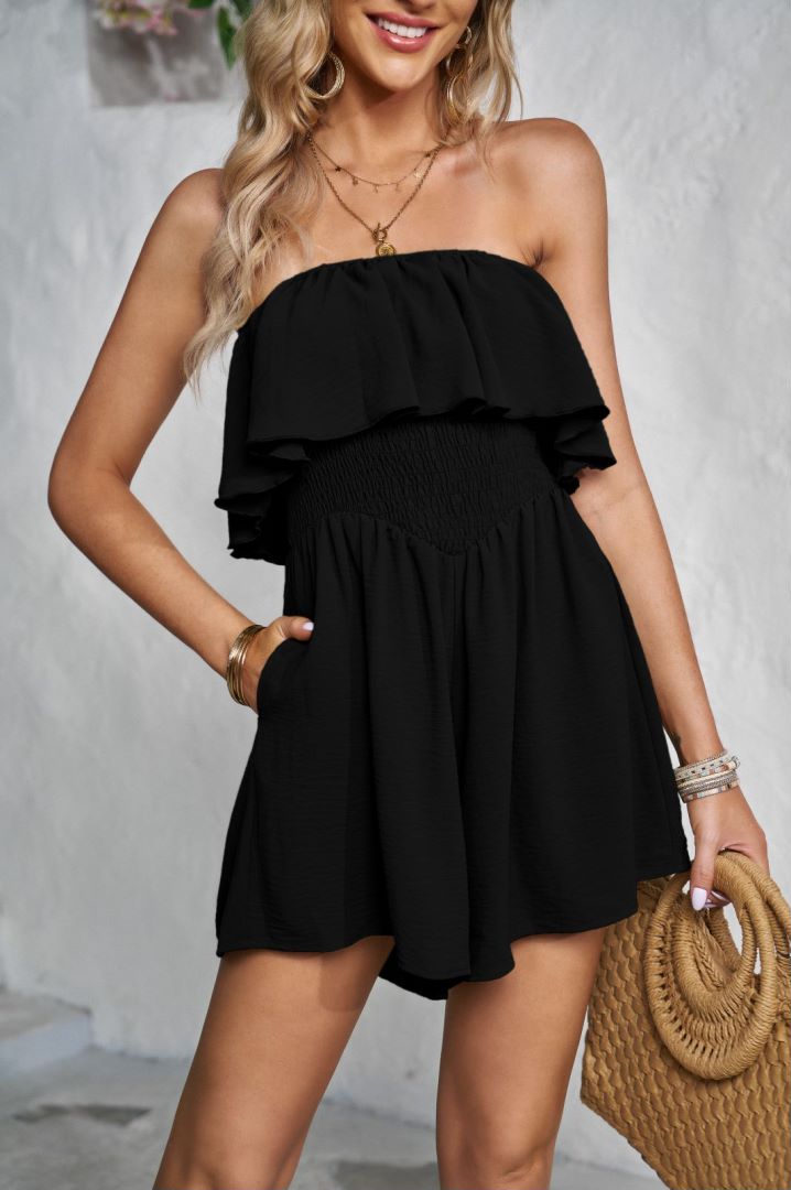 Strapless Shirred Waist Ruffle Romper