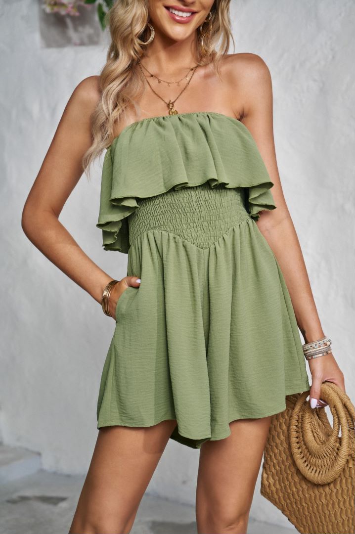 Strapless Shirred Waist Ruffle Romper