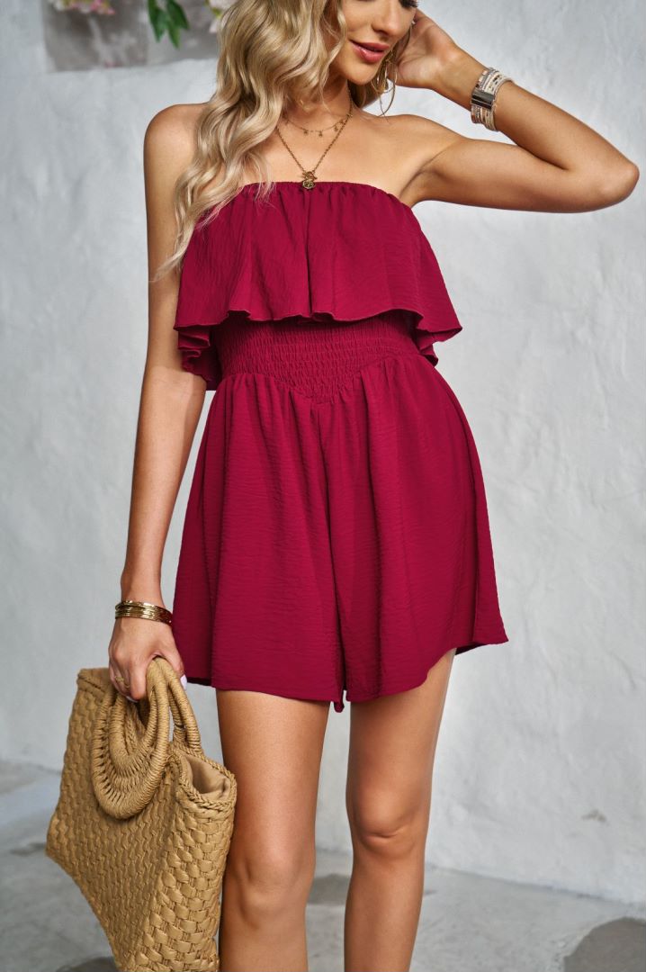 Strapless Shirred Waist Ruffle Romper