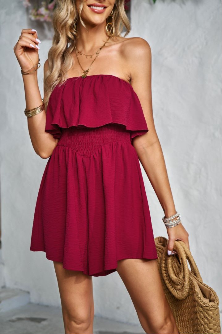 Strapless Shirred Waist Ruffle Romper