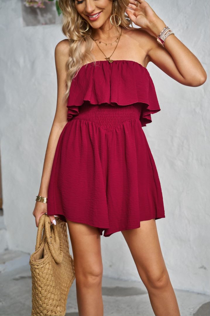 Strapless Shirred Waist Ruffle Romper