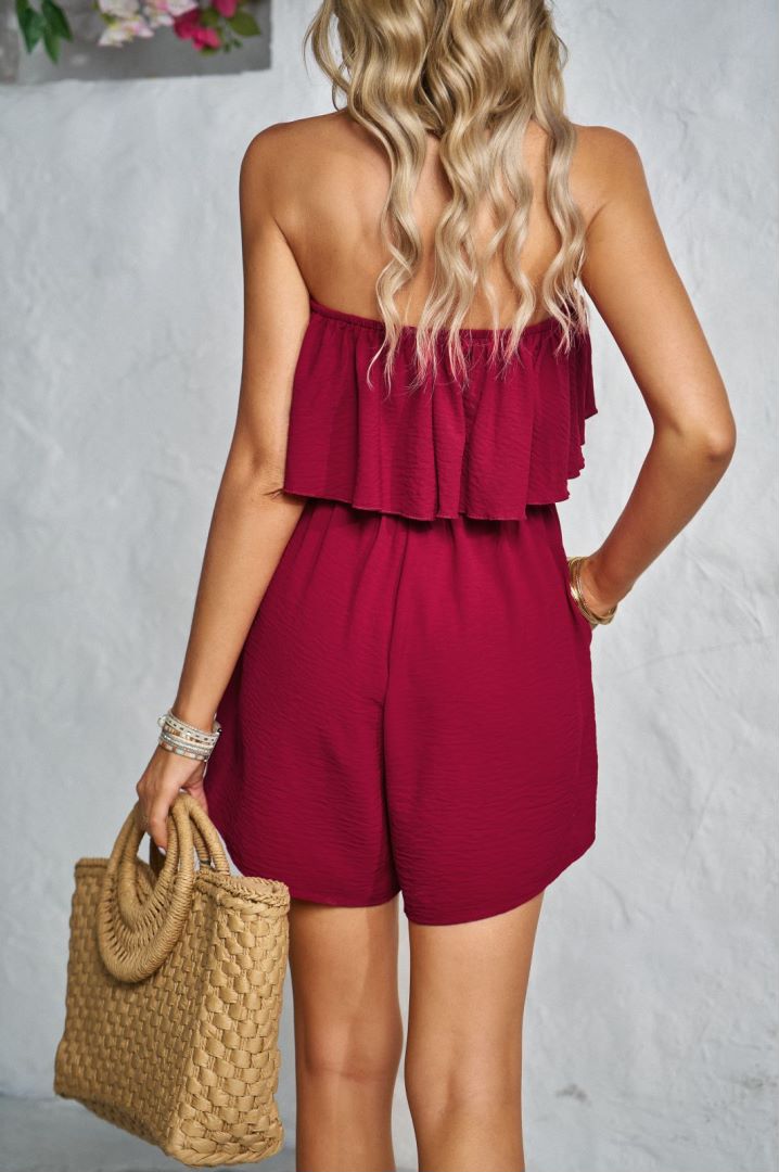 Strapless Shirred Waist Ruffle Romper