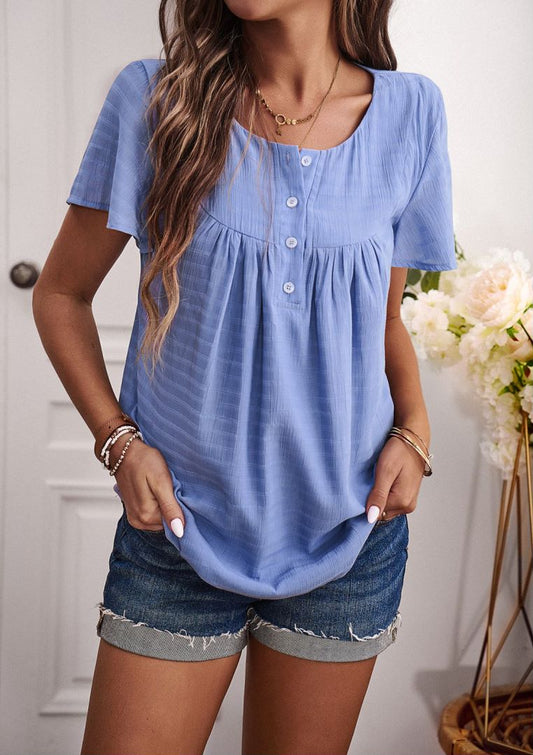 Round Neck Button Textured Top