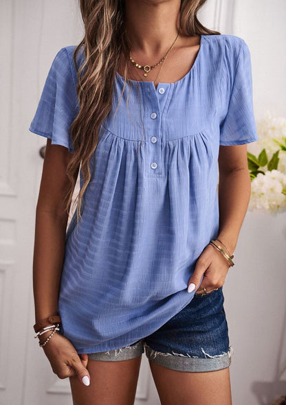 Round Neck Button Textured Top