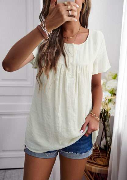 Round Neck Button Textured Top