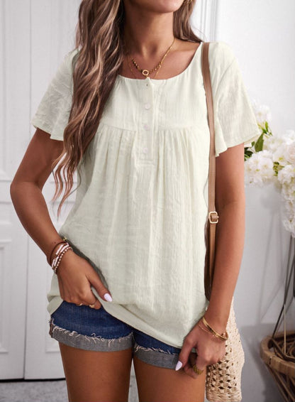 Round Neck Button Textured Top