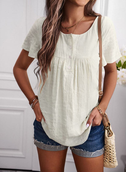 Round Neck Button Textured Top