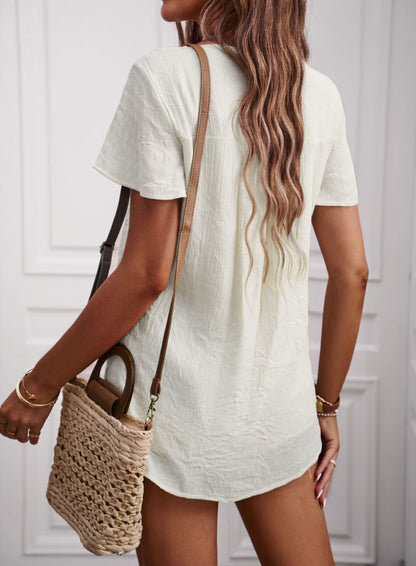 Round Neck Button Textured Top