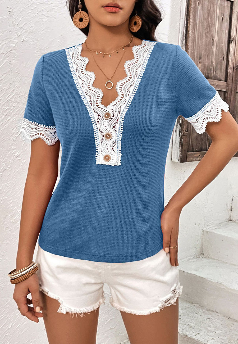 Scallop Lace Trim Textured Shirt