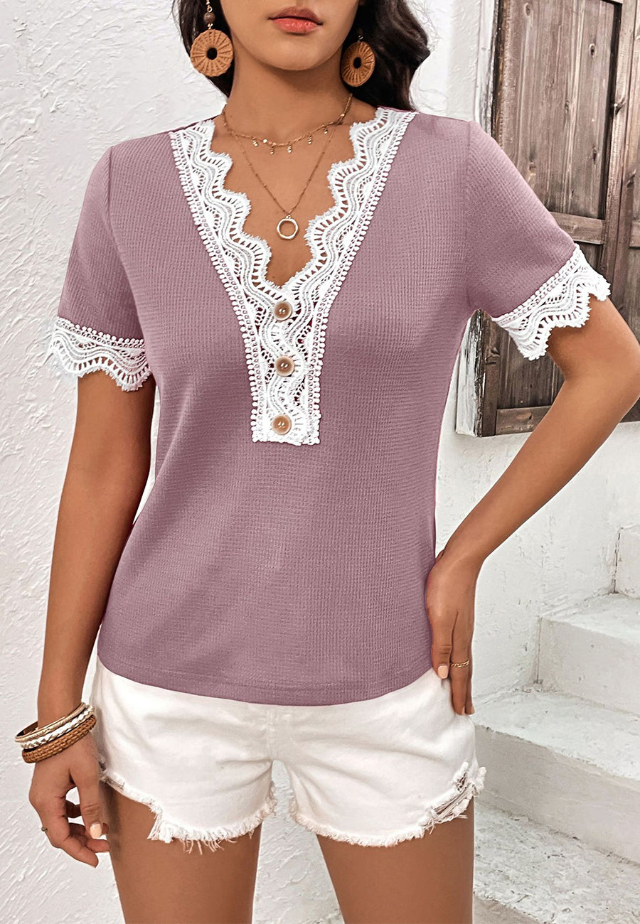 Scallop Lace Trim Textured Shirt