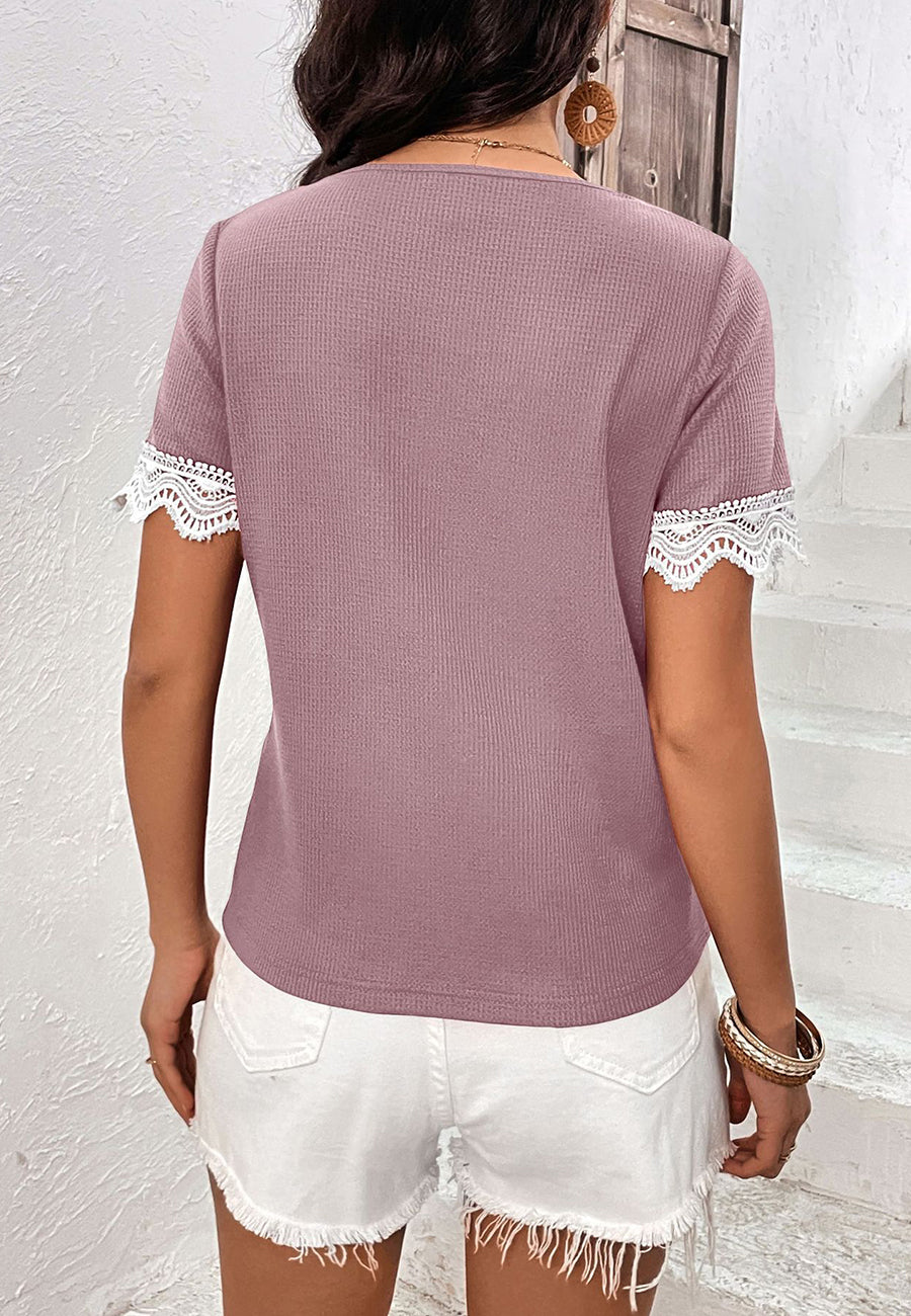 Scallop Lace Trim Textured Shirt