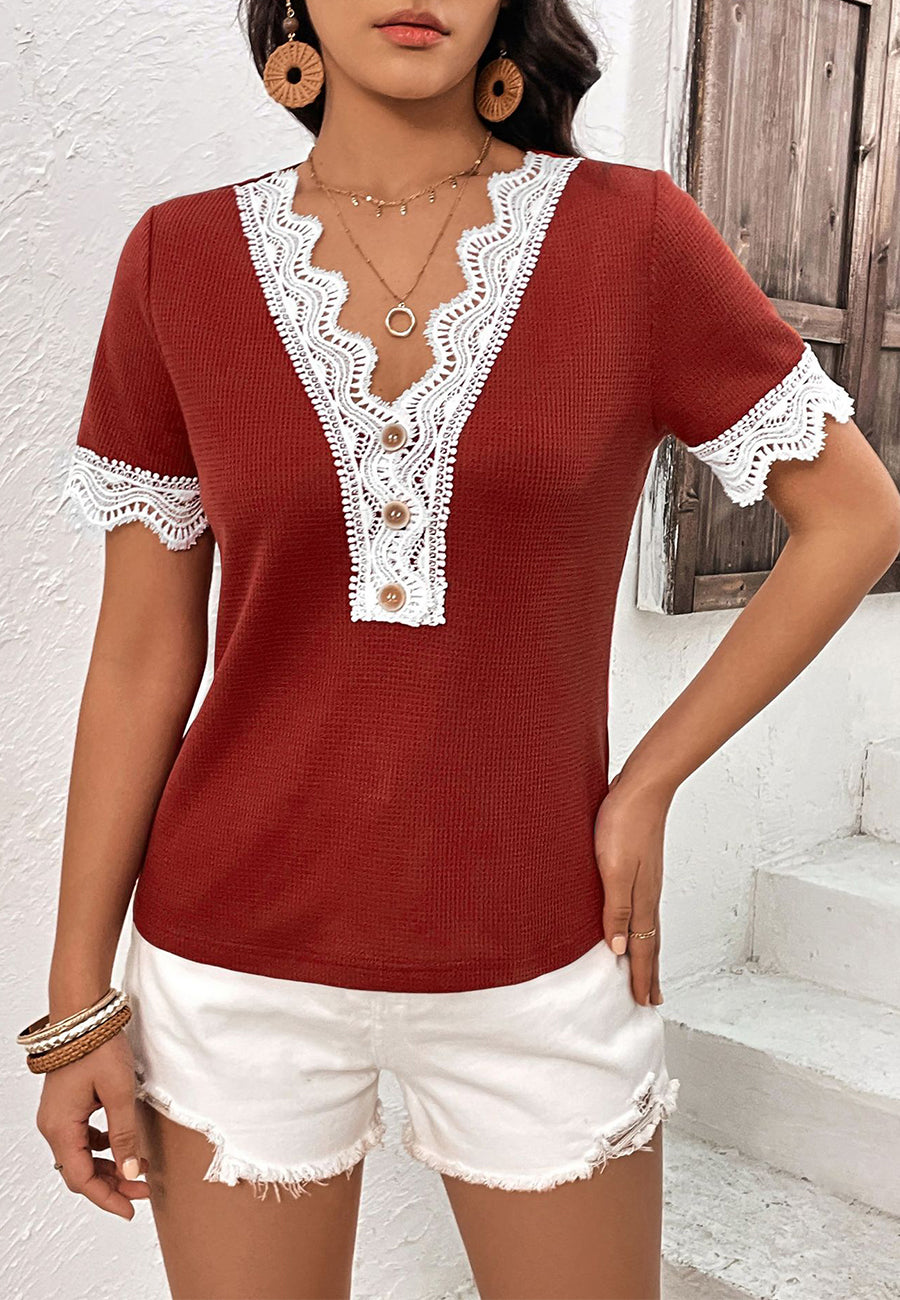 Scallop Lace Trim Textured Shirt
