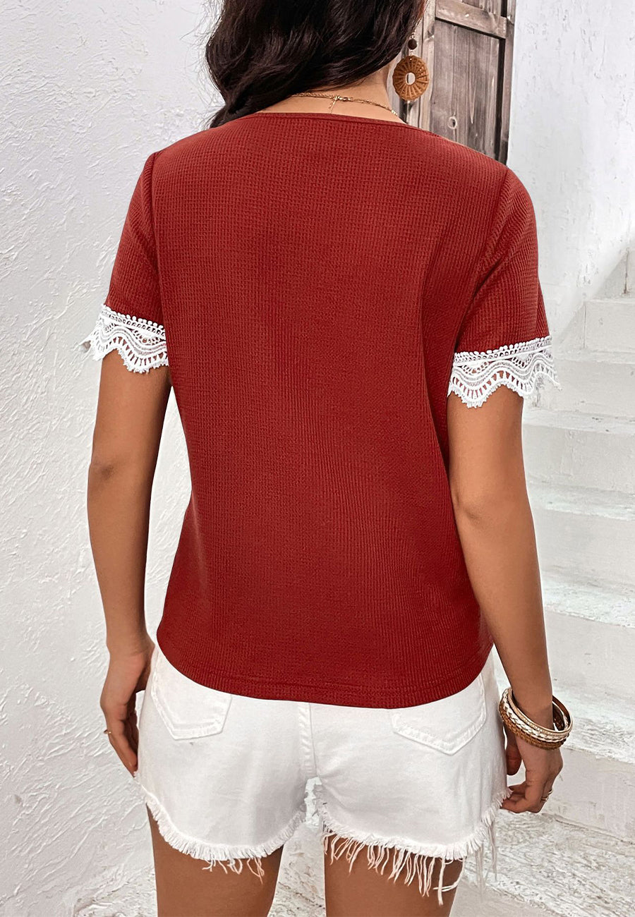Scallop Lace Trim Textured Shirt