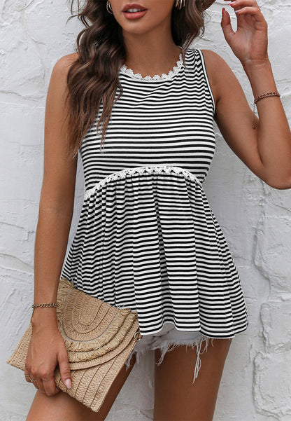 Lace Trim Striped Peplum Top