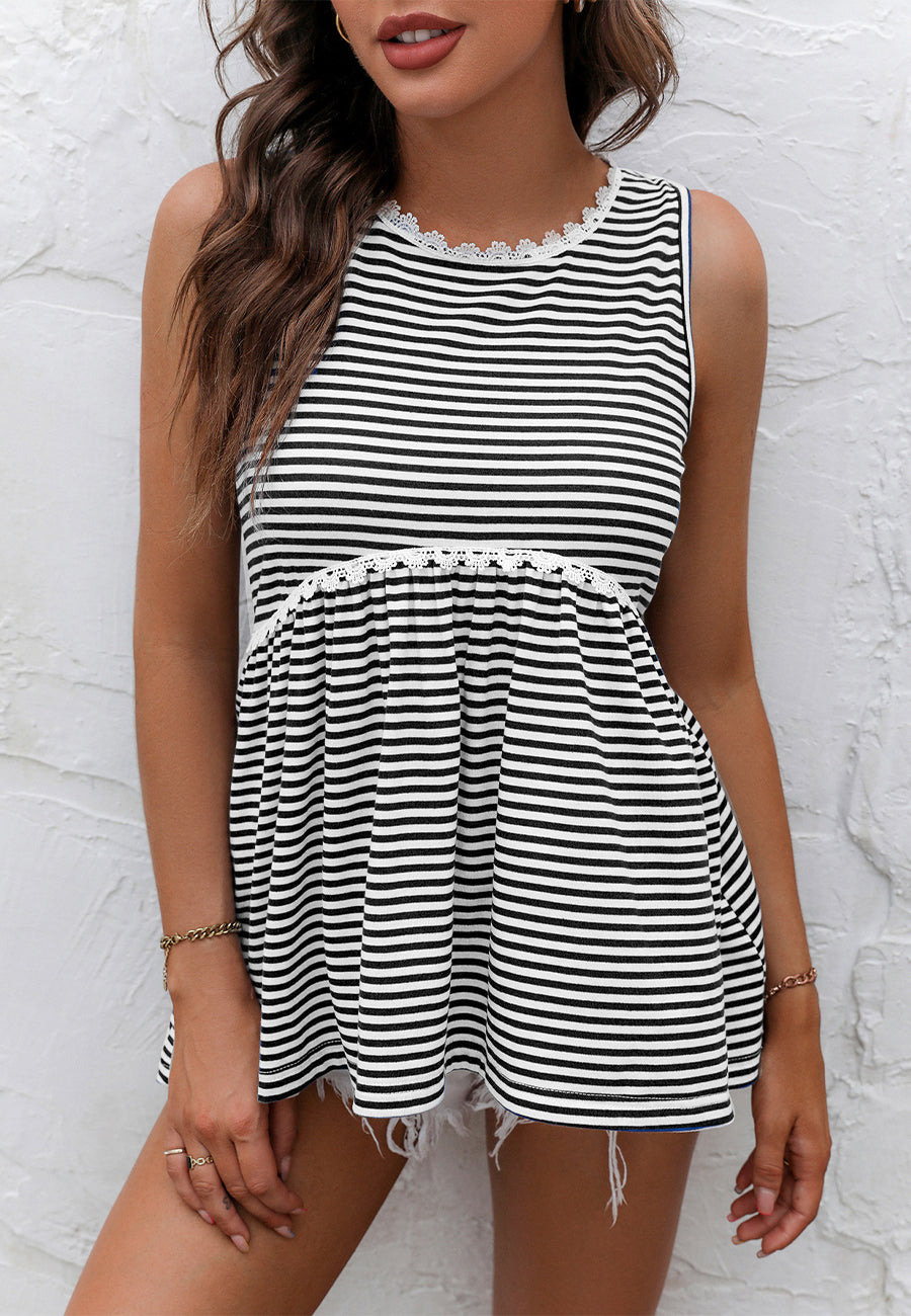 Lace Trim Striped Peplum Top