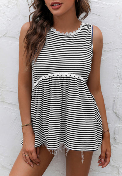 Lace Trim Striped Peplum Top