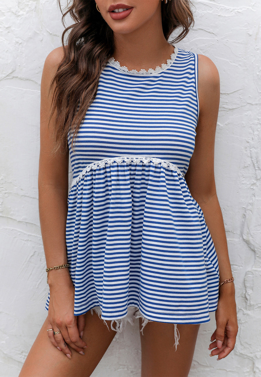 Lace Trim Striped Peplum Top