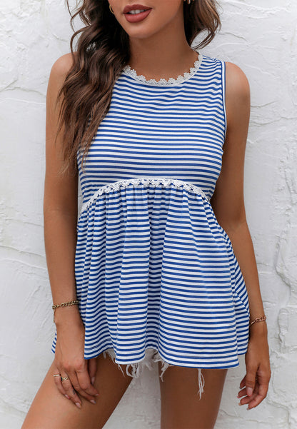 Lace Trim Striped Peplum Top