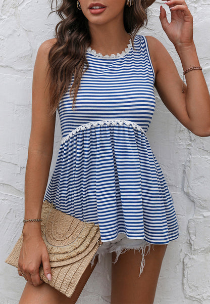 Lace Trim Striped Peplum Top