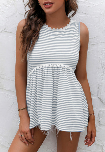 Lace Trim Striped Peplum Top