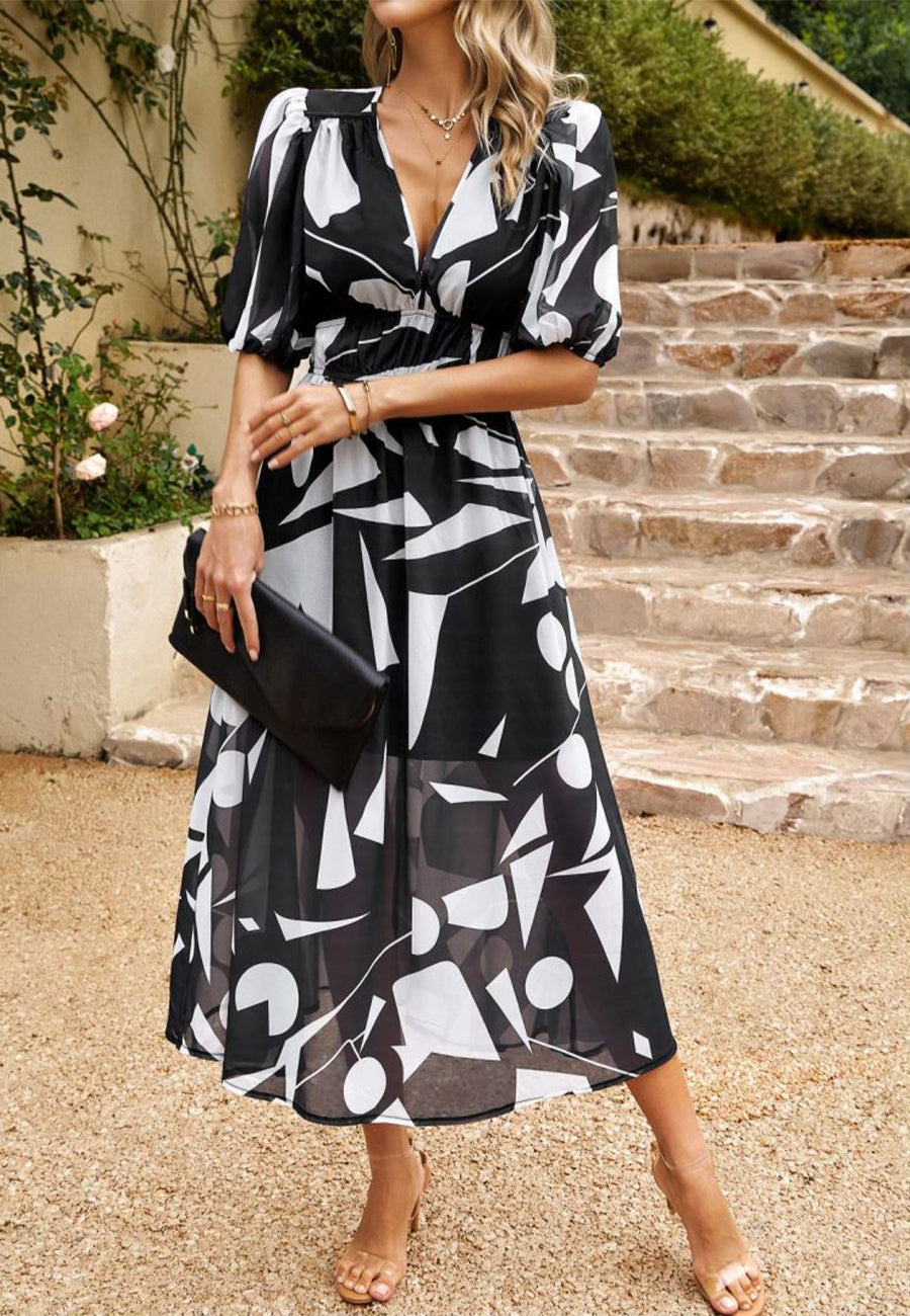 Vestido abullonado estampado con escote pronunciado