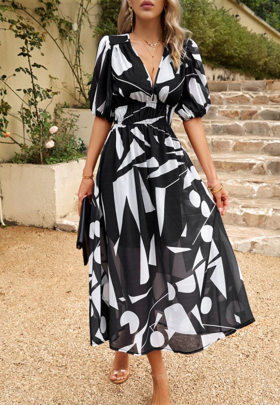 Vestido abullonado estampado con escote pronunciado